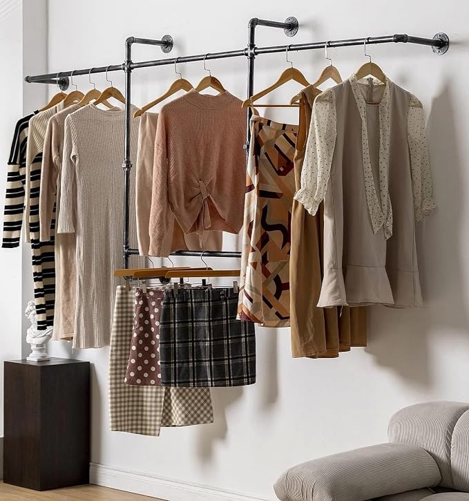 Industrial Pipe Clothing Rack, Hanging Garment Rack, Wall Mounted Pipe Clothes by DOFURNILIM