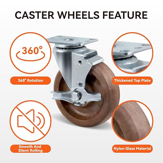 5" Hi-Temp Glass FiIled Nylon Casters, Heavy Duty Casters Set of 4, Industrial - Image 3