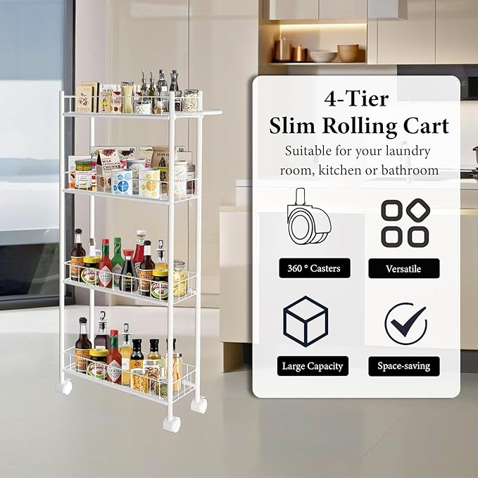 Utility Slim Storage Cart, 4-Tier Storage Cart, Narrow Cart - Image 4