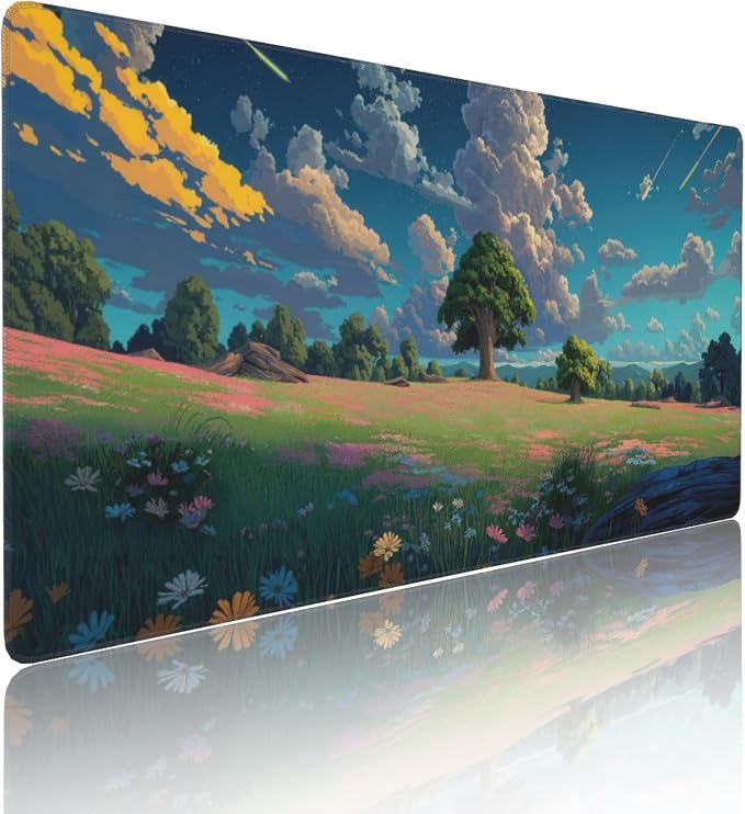 Anime Grass Flowers Blue Sky Large Mouse Pad, Vintage Aesthetic Gaming Desk Mat - Image 2