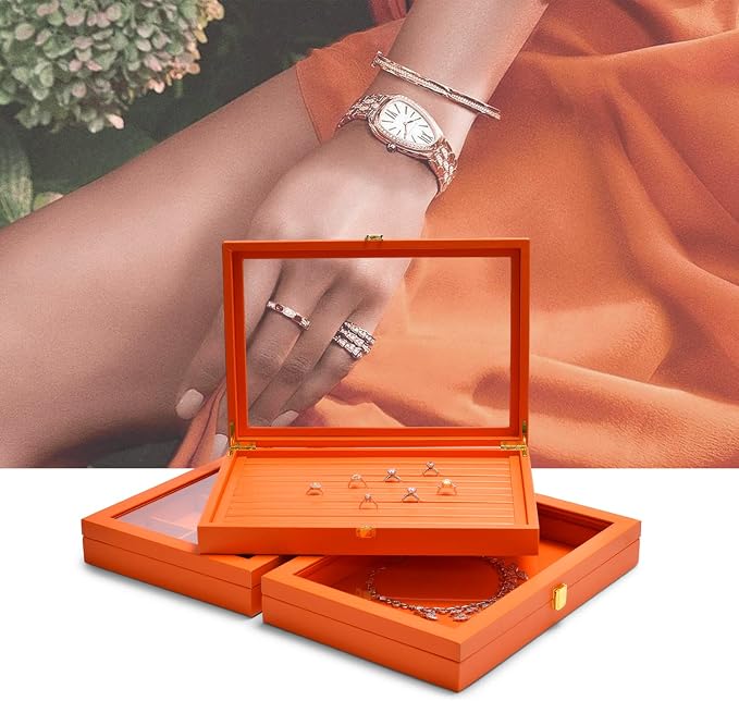 Oirlv Clear Lid Flat Jewelry Tray Stackable Display Storage Box Premium Leather - Image 7