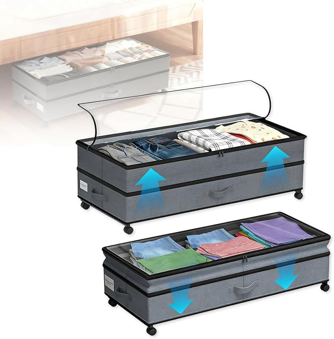 Under Bed Storage with Wheels, 72L Large Capacity Adjustable Height Underbed by Unknown