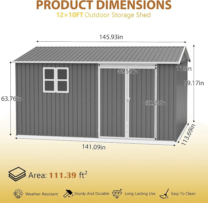 10x12 FT Outdoor Metal Storage Shed, Large Garden Tool Shed - Image 3