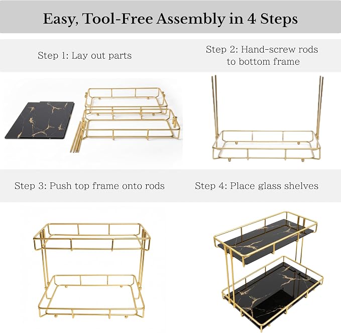 2-Tier Black Marble Bathroom Countertop Organizer – Glass Shelves & Gold Metal - Image 8