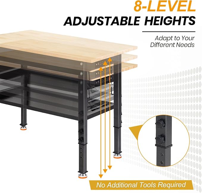 48"/60'' Adjustable Workbench, Rubber Wood Top Work Bench Heavy-Duty Work Table - Image 7