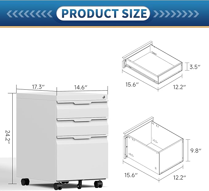 File Cabinet for Home Office, 3 Drawers Mobile File Cabinets Rolling, Under - Image 2