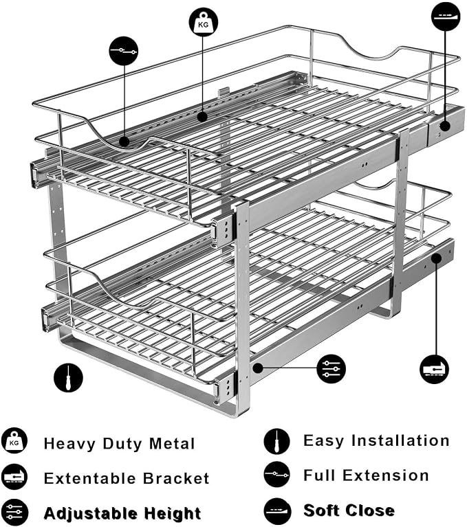 Pull Out Cabinet Organizer, 2 Tier Soft Close Slide Out Drawer - Image 6