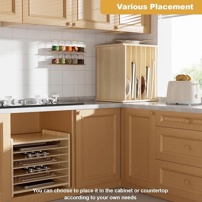 7 Tier Wooden Tray Dividers for Cabinets Cookie Sheet Organizer for Pot - Image 6