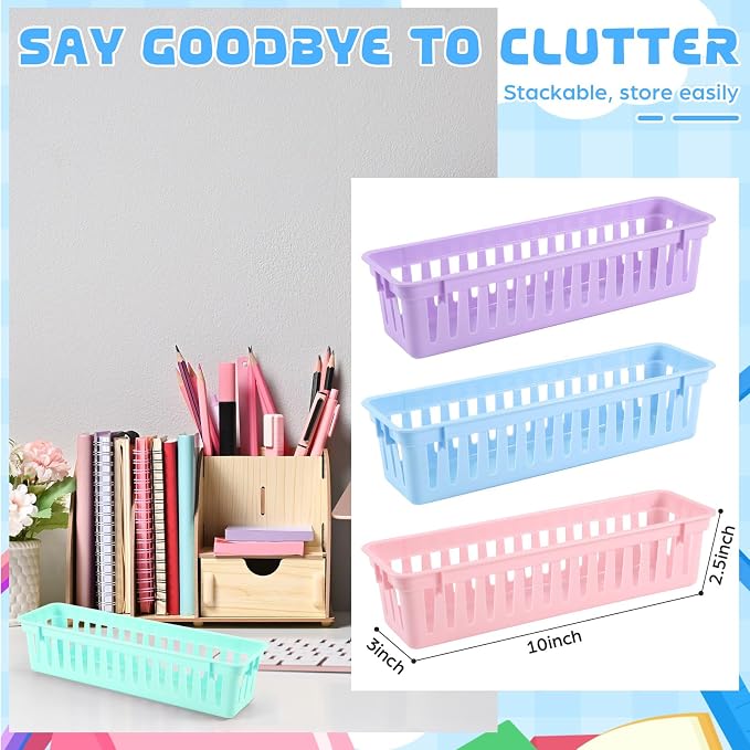 6 Pcs Morandi Slim Plastic Storage Baskets Tray 10 x 3 x 2.5 Inch Compact - Image 2
