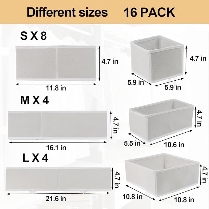 16 Pcs Drawer Organizer, Fabric Closet Organizer and Storage Baskets, Foldable - Image 3
