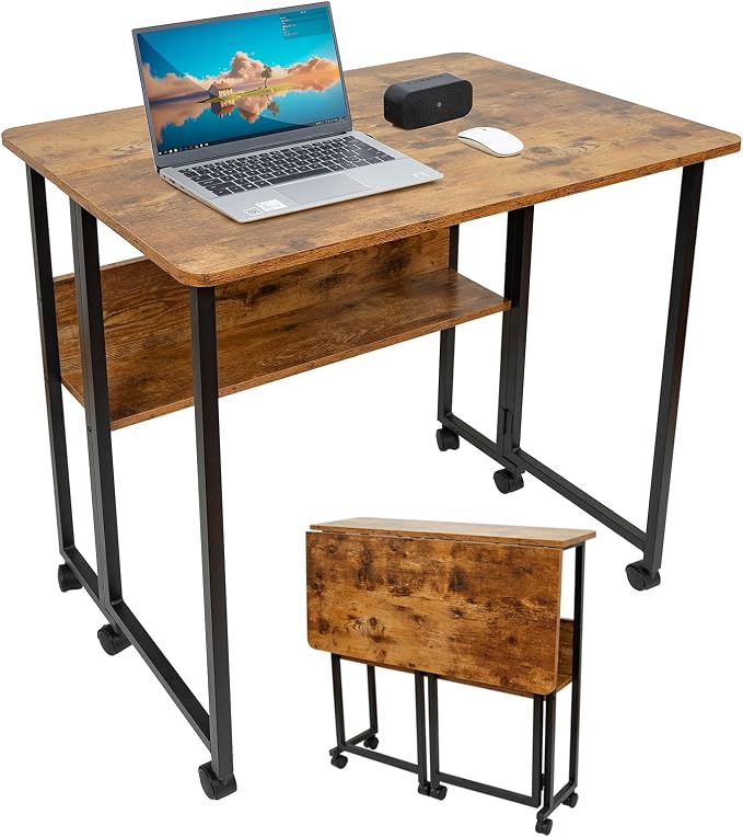 Mobile Foldable Desk w/Wheels and Feet Pads, Foldable Computer Desk, Folding by Windpost