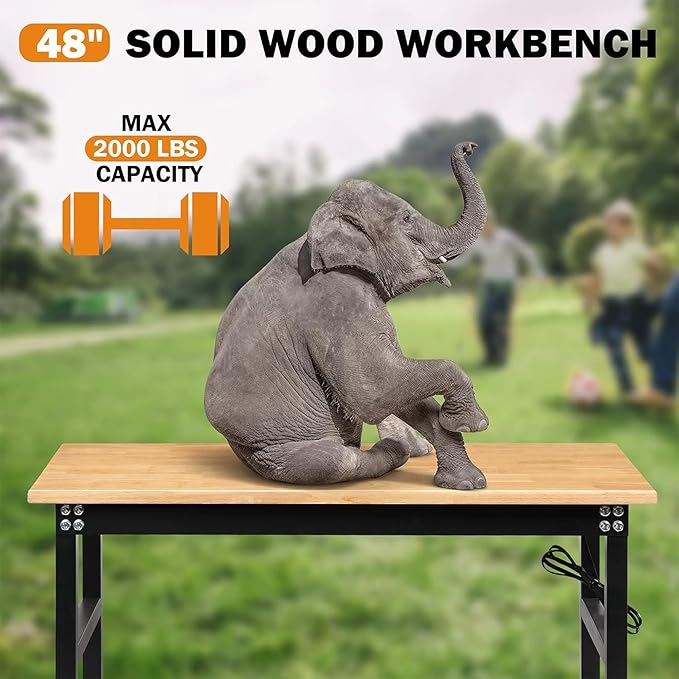 Betterhood 48" Adjustable Workbench on Wheels, Rubber Wood Heavy Duty - Image 5