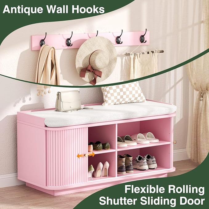 Hall Tree with Bench and Shoe Storage, Entryway Bench with Sliding Door Cabinet - Image 3