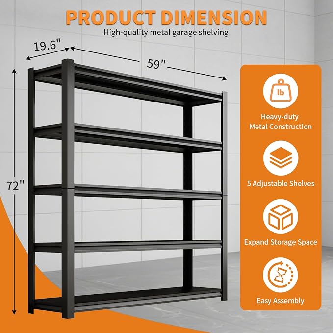 Dyoung 72" H Garage Storage Shelves Adjustable 5 Tier Metal Shelves Heavy Duty - Image 3