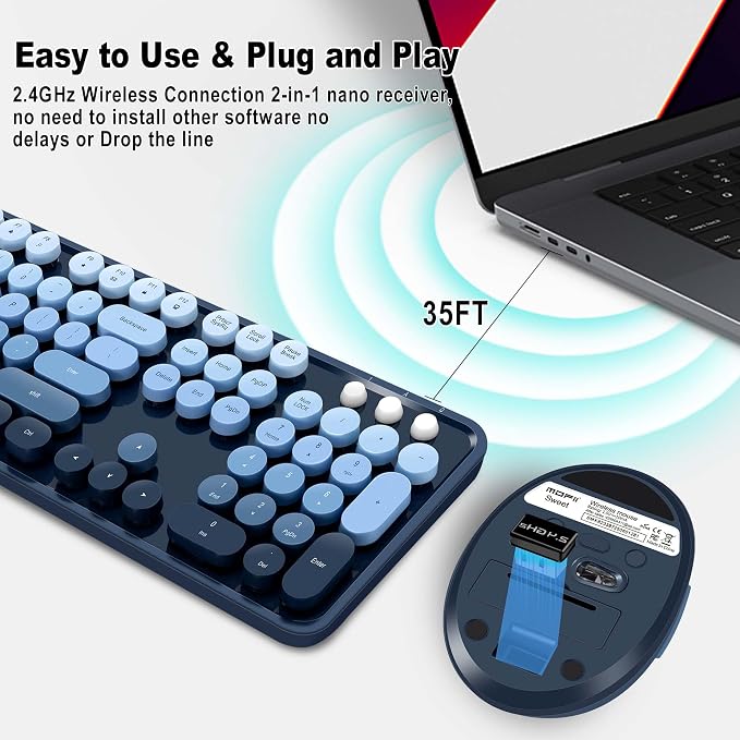Wireless Keyboard and Mice Combo, Retro Round Keys Full-Sized Cute Keyboard - Image 2