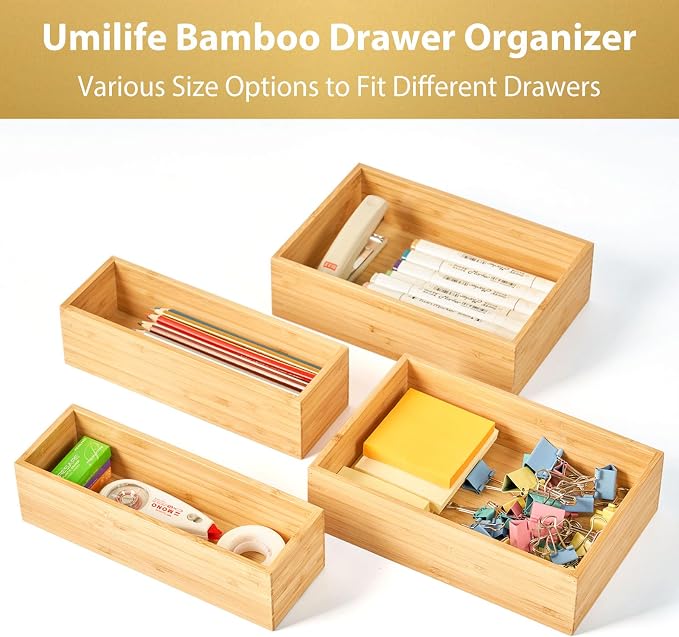 Umilife Bamboo Kitchen Utensils Organizer, Extra High Silverware Drawer Holder - Image 4