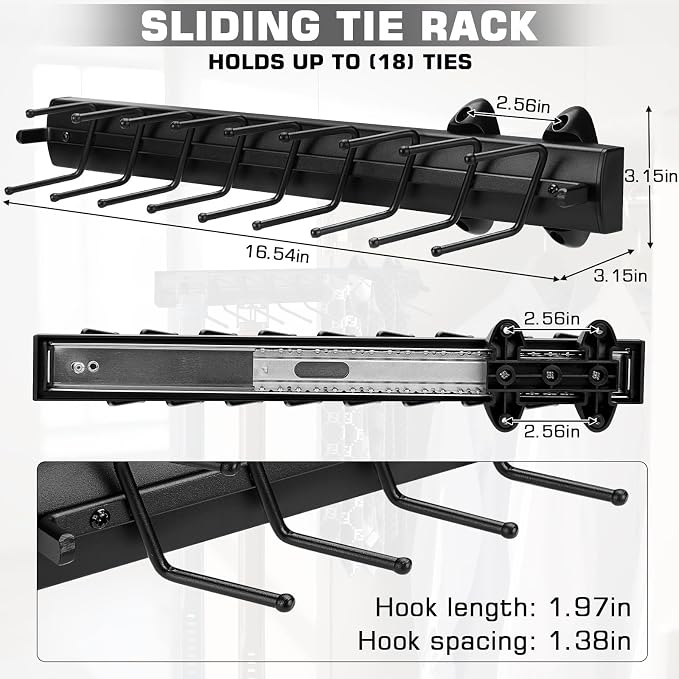 Sliding Tie Racks, 18 Tie Hanger Pull Out Belt Rack 16.5'' Aluminum Alloy - Image 6