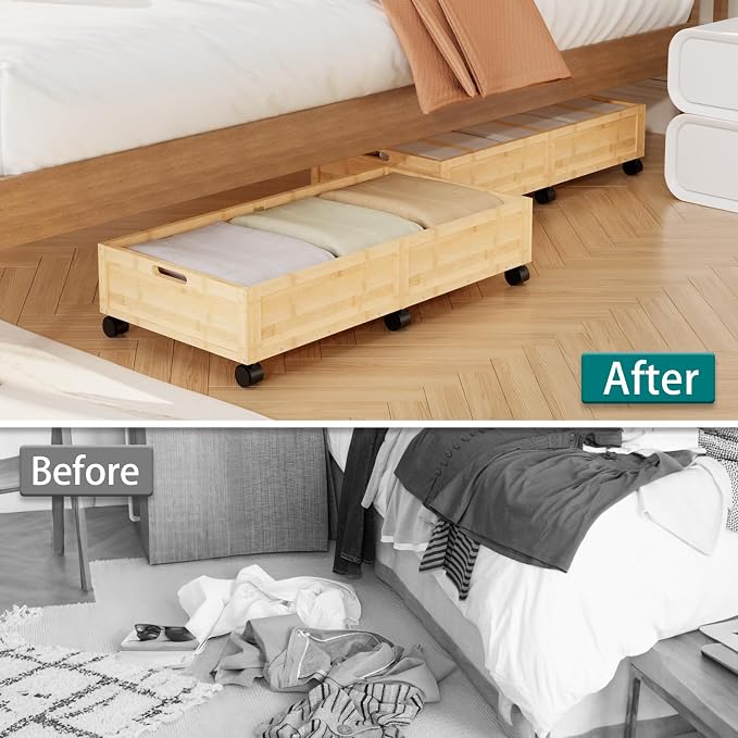 Bamboo Under Bed Storage Containers, Rolling Underbed Organizer - Image 7