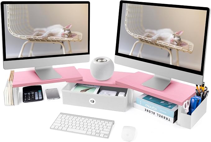 Dual Monitor Stand Riser With Drawer & Metal Leg, Large Desk Shelf by RUILALIFE