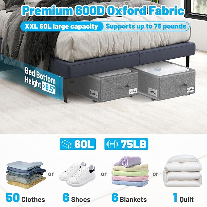 2 Pack Under Bed Storage with Wheels 10" Height, Rolling Storage Bins XXL 60L - Image 2