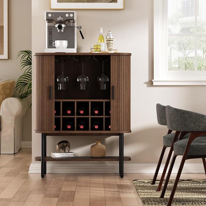 Coffee Bar Cabinet with Storage, Fluted Wine Cabinet with Sliding Doors - Image 8