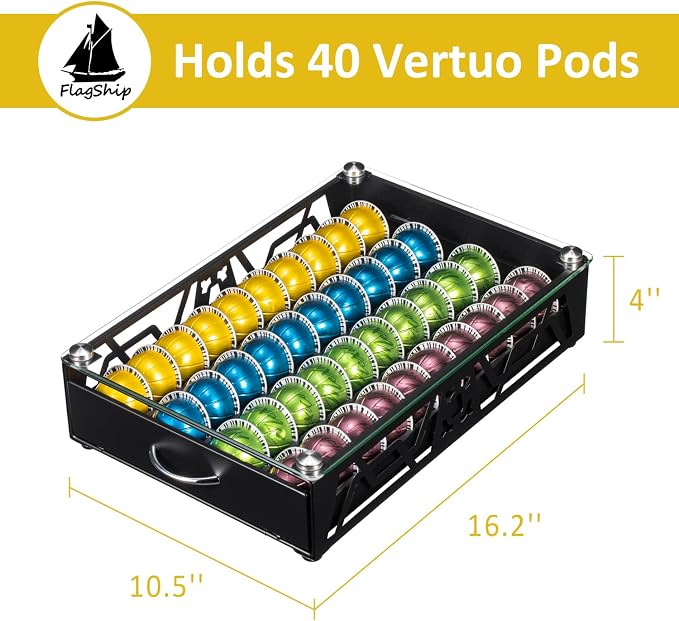 FlagShip Vertuo Pod Holder- Modern Glass Top Coffee Capsule Organizer & - Image 3