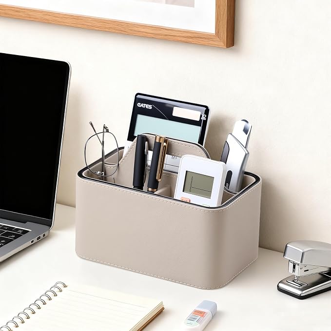 Caddy Organizer with Handle, PU Leather Remote Control Holder Desk Caddy - Image 8
