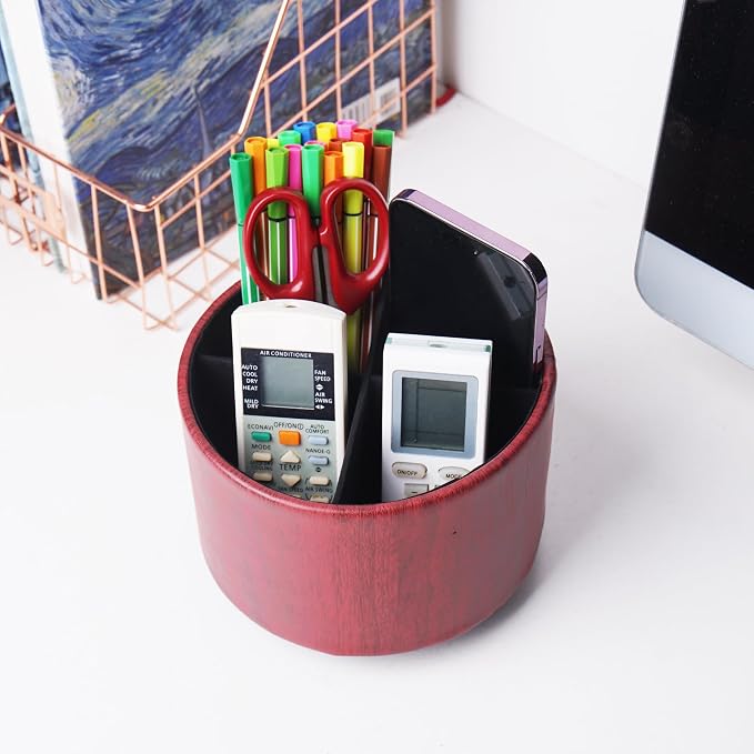 Round Leather Art Supply Organizer, Remote Control Holder, 360 Degree Spinning - Image 6