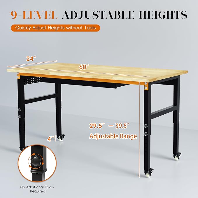 Betterhood 60" Adjustable Workbench on Wheels, 2000 LBS Heavy Duty Work Table - Image 2