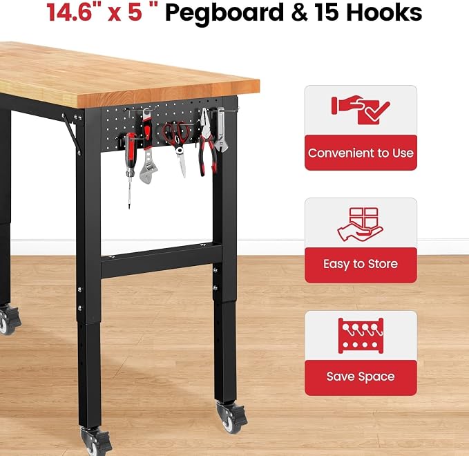 Work Bench with Wheels 48 x 20 Inch Heavy Duty Rubberwood Tabletop Garage - Image 3