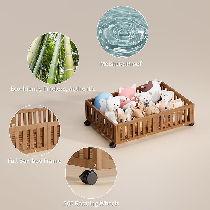 Bamboo Under Bed Storage with Wheels, Rolling Underbed Shoe Organizer Box - Image 3