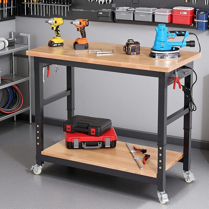 Workbench with Wheels 48 Inch Adjustable Height Work Table with Under Table - Image 8