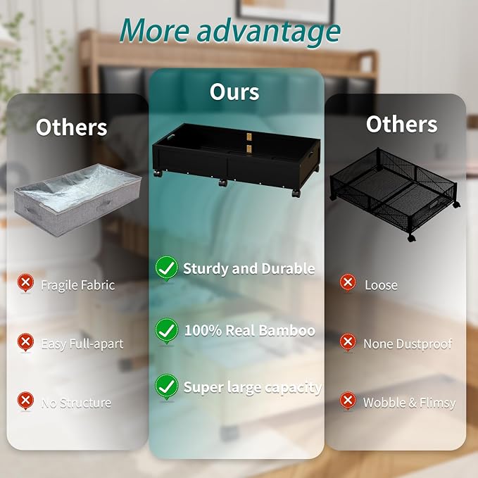 Bamboo Under Bed Storage Containers, Rolling Underbed Organizer - Image 6