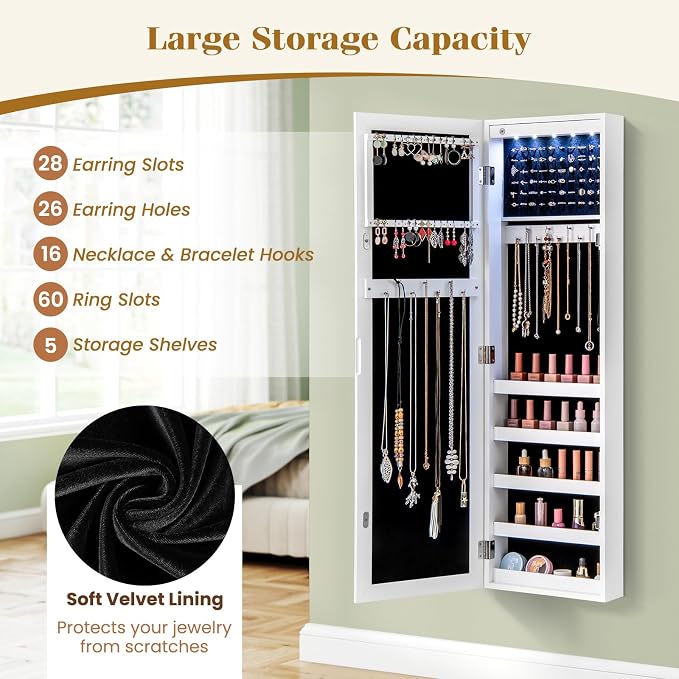 5 LEDs Mirrored Jewelry Cabinet Wall Mounted or Door Hanging, 42” Jewelry Box - Image 3