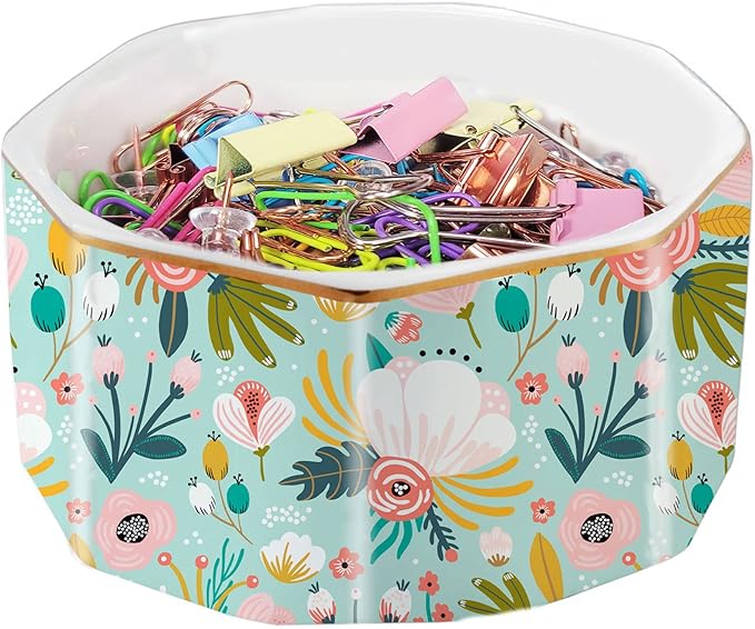 Ceramic Paper Clip Holder Gold Line Paper Clip Dispenser Organizer by LEAZUL