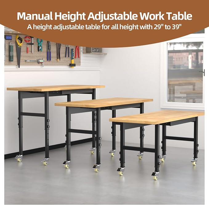 60" Adjustable Workbench with Wheels and Drawer, Rolling Work Bench Table with - Image 6