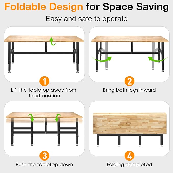 72” Folding Workbench, 3000 LBS Capacity Heavy Duty Workbench, Height - Image 3