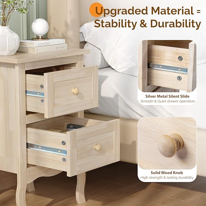VINGLI Nightstands Set of 2, Unfinished Solid Wood Nightstand Color DIY - Image 5