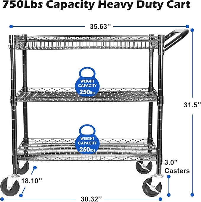 WDT Heavy Duty 3 Tier Utility Cart, Wire Rolling Cart - Image 4