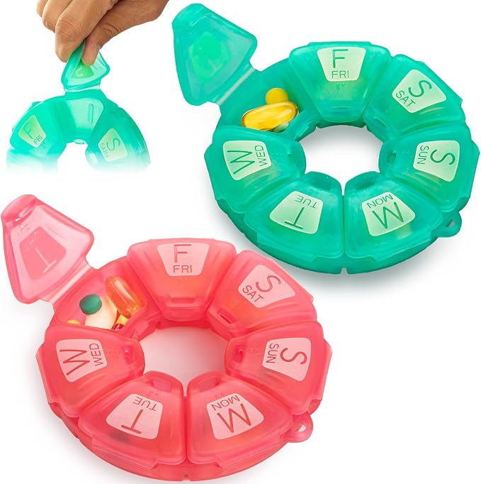 Round Weekly Pill Organizer, TPU Rubberized, Travel Pill Container 7 Day by YAKLIMPILLORGANIZER