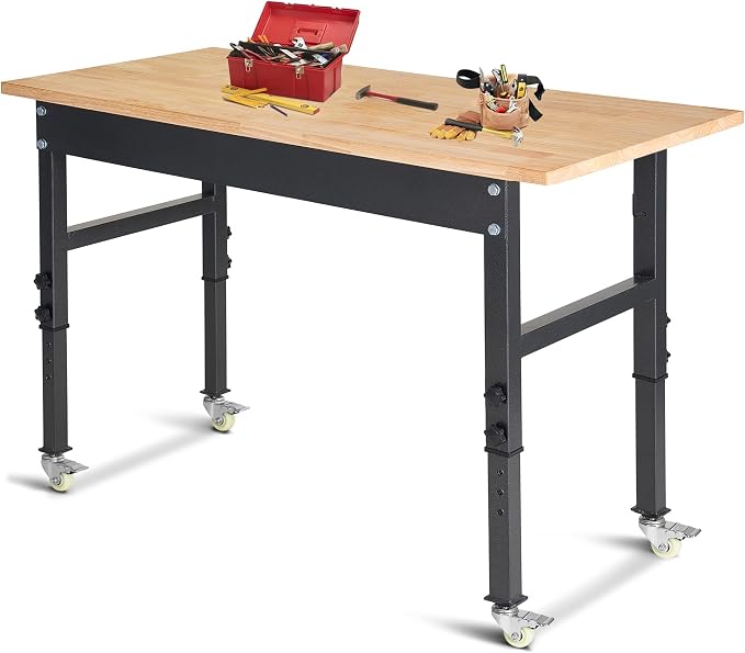 48" Adjustable Work Bench, Rubber Wood Top Workbench Heavy-Duty Work Table by PolarAurora