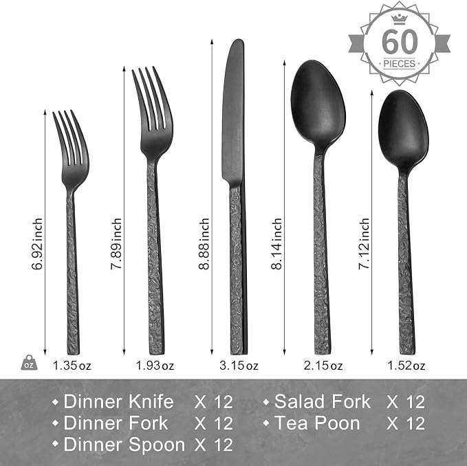 KINGSTONE 60 Pcs Black Hammered Silverware Set - Image 2