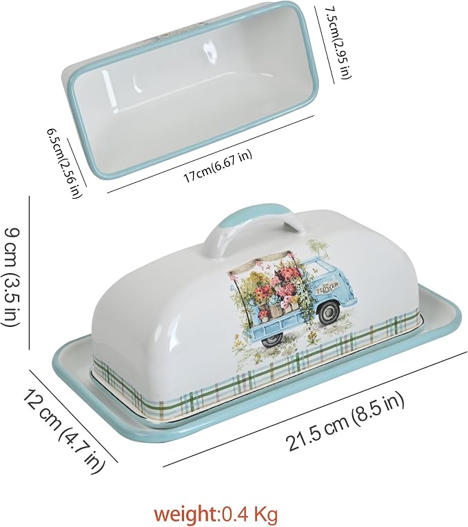Enamel Butter Dish with Lid Vintage Enamelware Butter Keeper with Flower and - Image 3
