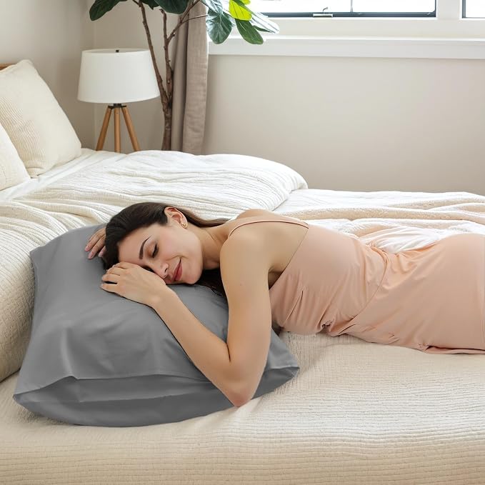 TELUS Dark Grey Pillow Cases King Size 2 Pack, Bamboo Rayon Cooling Pillowcases - Image 2