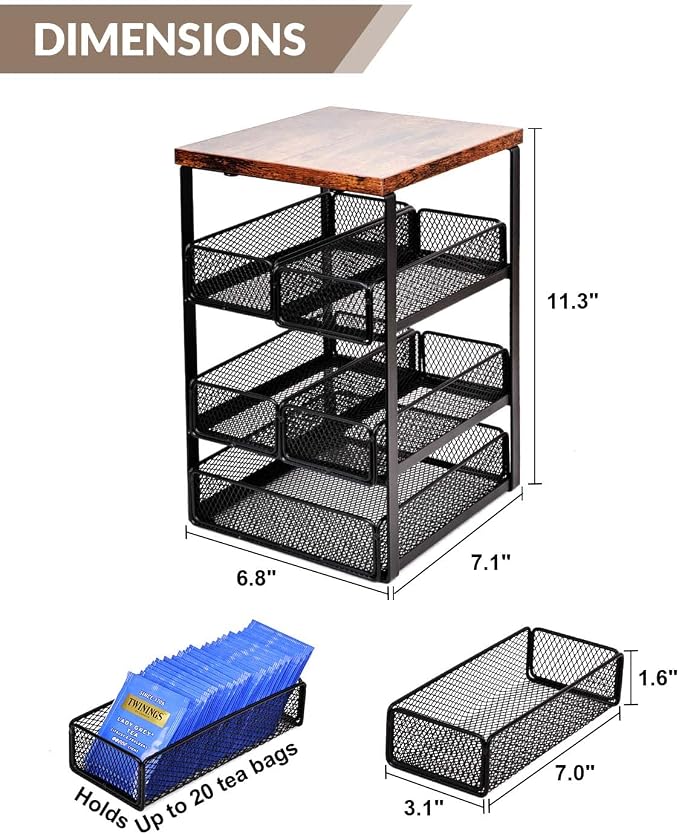 Tea Bag Organizer with 5 Drawers, Wooden & Metal Tea Storage Organizer - Image 2