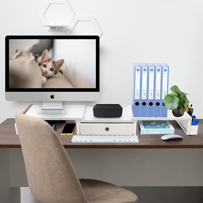 Dual Monitor Stand Riser w/ Drawer & Metal Leg, Large White Computer Monitor - Image 2