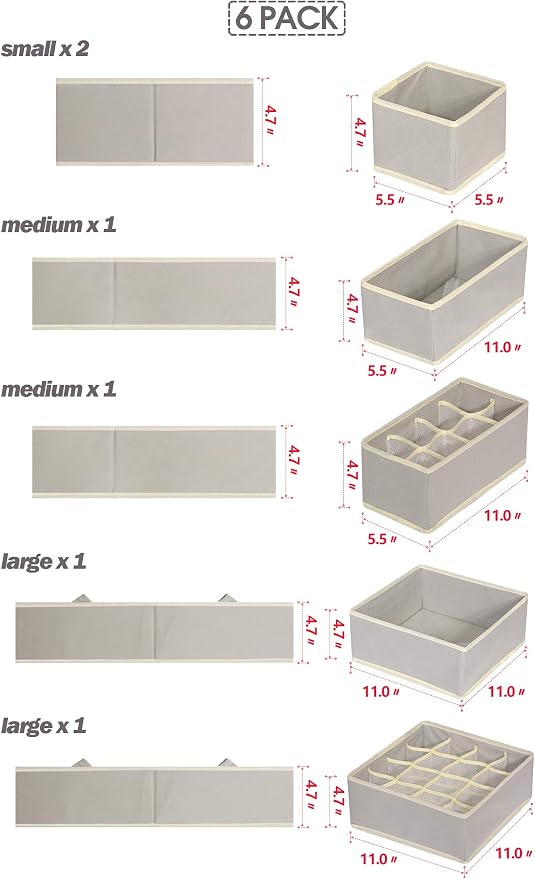 6 Pack Foldable Drawer Organizer Dividers Cloth Storage Box Closet Dresser - Image 2