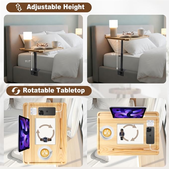 Bedside Shelf for Bed, Height-Adjustable Clip On Bedside Table, Overbed Table - Image 6