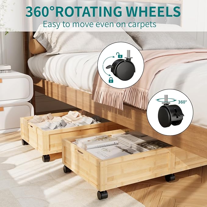 Bamboo Under Bed Storage Containers, Rolling Underbed Organizer - Image 3
