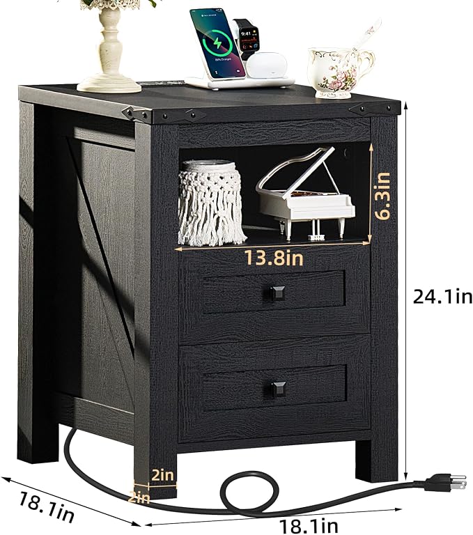 Night Stands with Charging Station Set of 2, Farmhouse Nightstand, Wooden - Image 3
